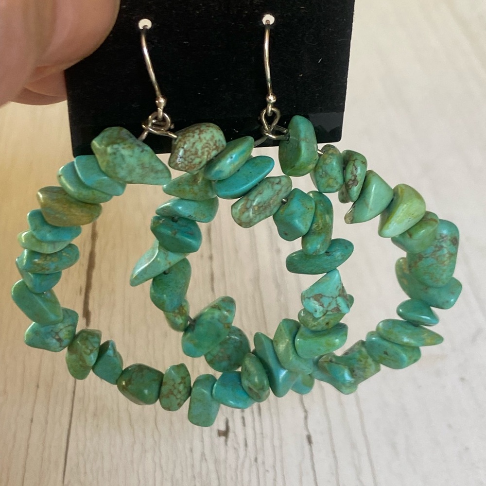 New genuine turquoise/925 sterling silver hoop earrings southwest style
